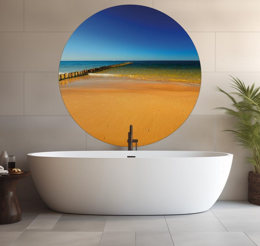 Wallario wasserfestes Poster selbstklebend 120 x 120 cm, Sandstrand in orange - Blaues Meer - Blauer Himmel, Badezimmerposter Spritzschutz mit Hoch...