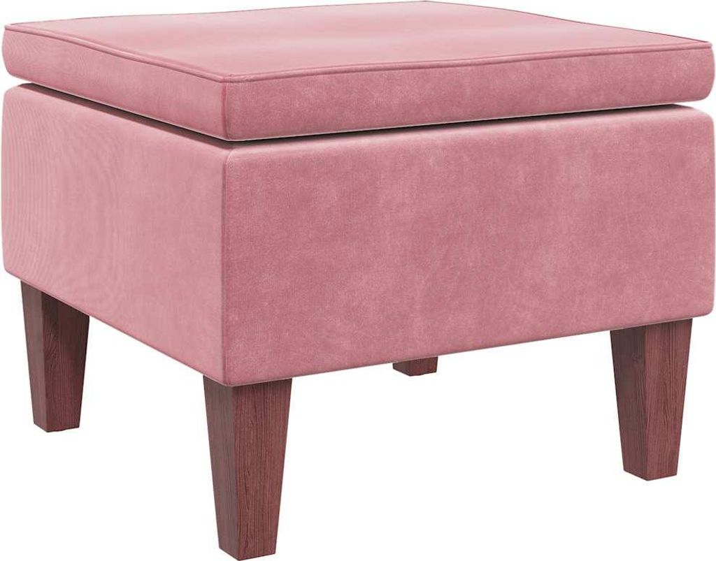 A pink velvet ottoman with wooden legs is shown against a white background.