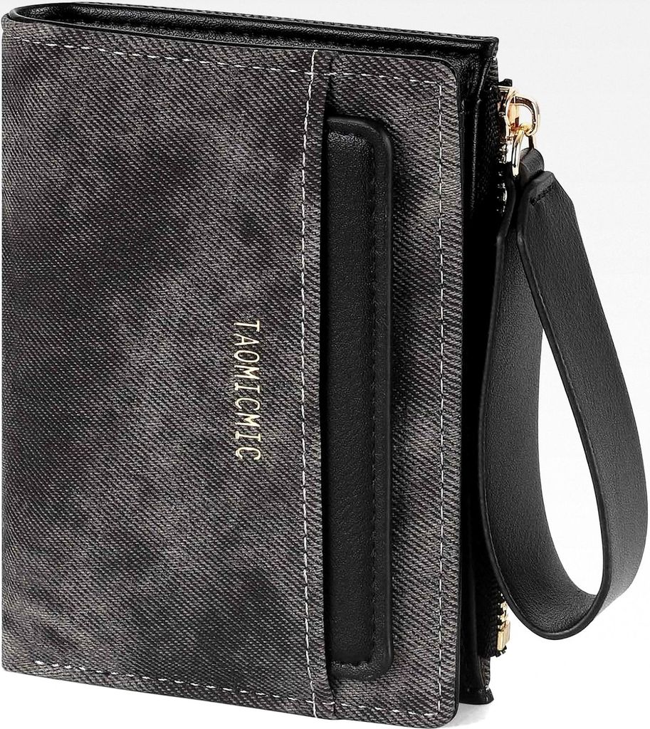 Kleine Damen-Geldbörse aus Kunstleder mit abnehmbarem Kartenhalter, Mini-Geldbeutel mit Reißverschluss-Armband, Münzfach und Ausweisfach, Schwarz