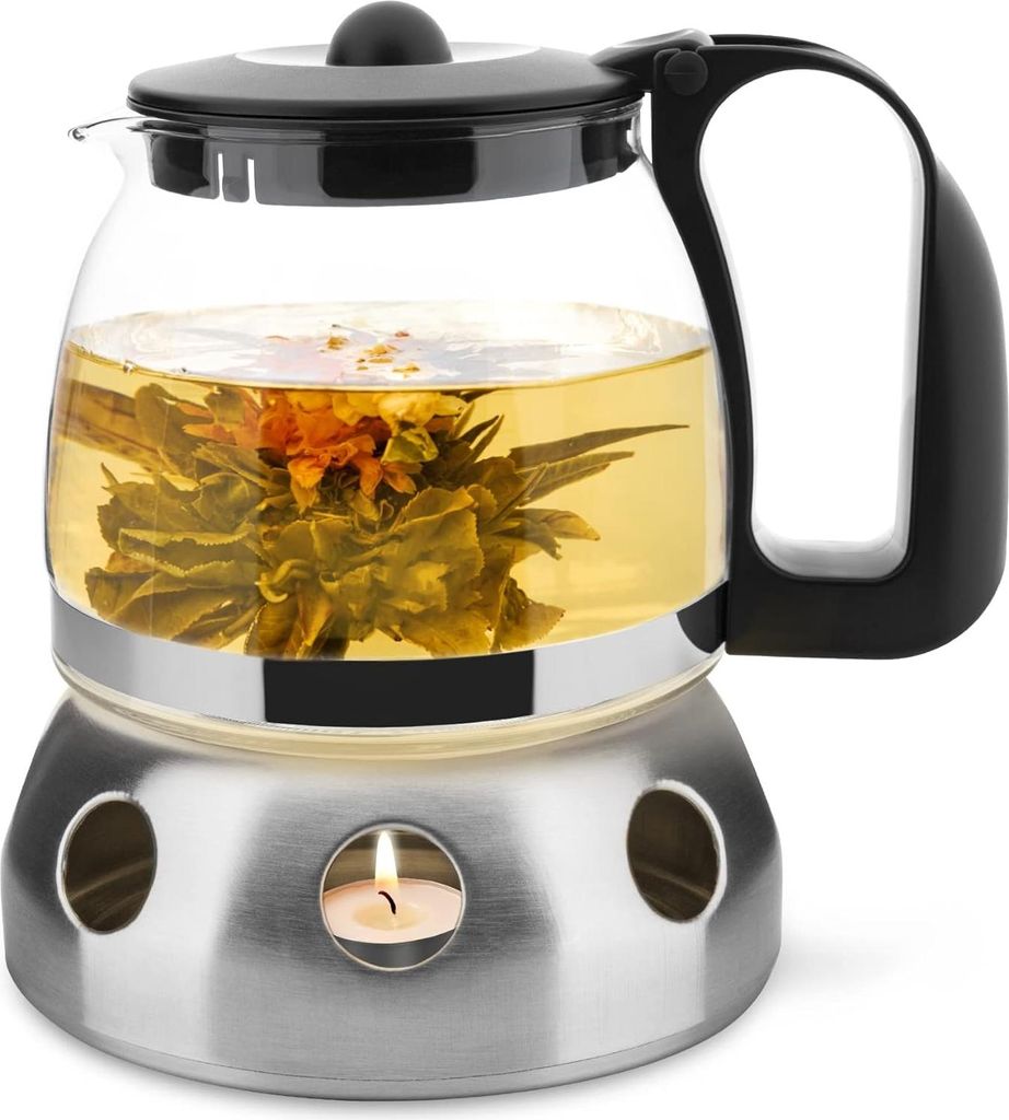 T24 Teekanne Glas mit Siebeinsatz Edelstahl – Hitzebeständige Glaskanne 1250ml + Stövchen