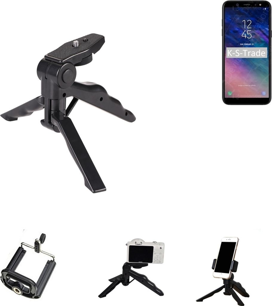 K-S-Trade Stativ Tisch-Ständer Dreibein Handy-Stativ Ständer kompatibel mit Samsung Galaxy A6 Plus (2018) Mini-Stativ Smartphone Tripod Handy-Stativ
