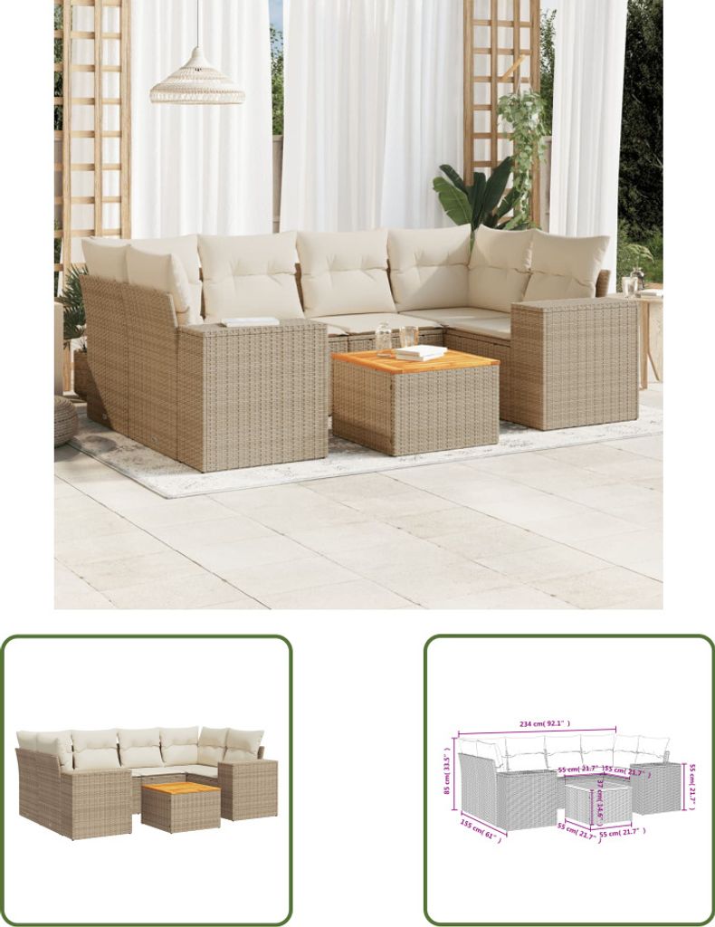 The Living Store 7-tlg. Garten-Sofagarnitur mit Kissen Beige Poly Rattan
