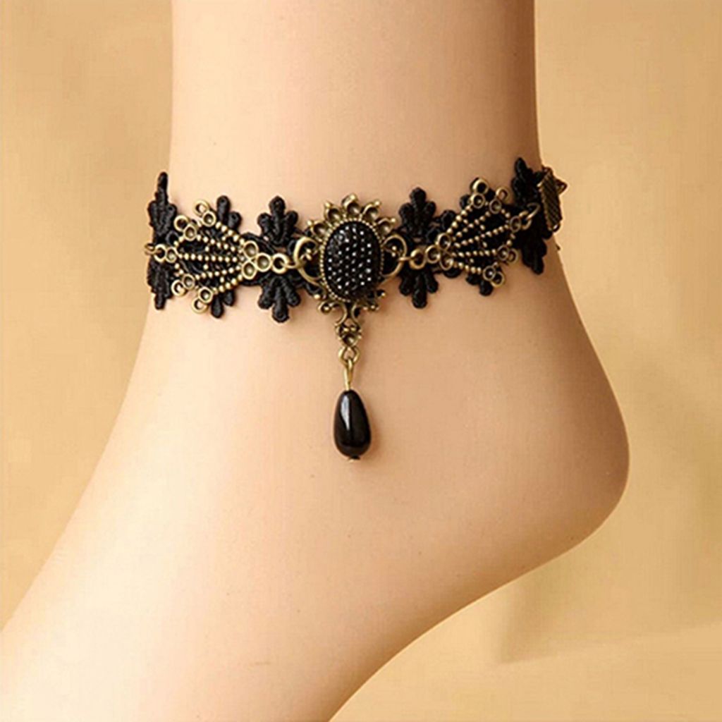 Frauen Vintage Schwarz Floral Spitze Fußkettchen Kette Knöchel Sandale Armband Fuß Barfuß