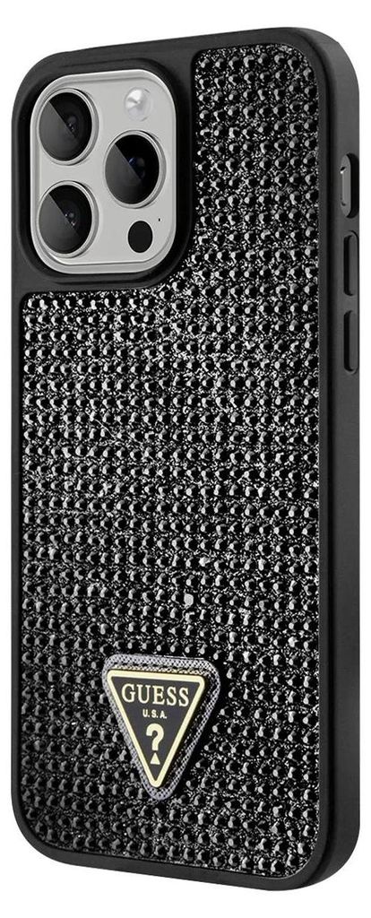 A black iPhone 15 Pro case with rhinestones and a Guess logo.