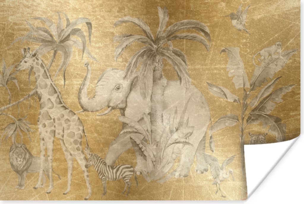 MuchoWow Poster Dschungel - Kinder - Gold - Tiere 120x80 cm - Bilder