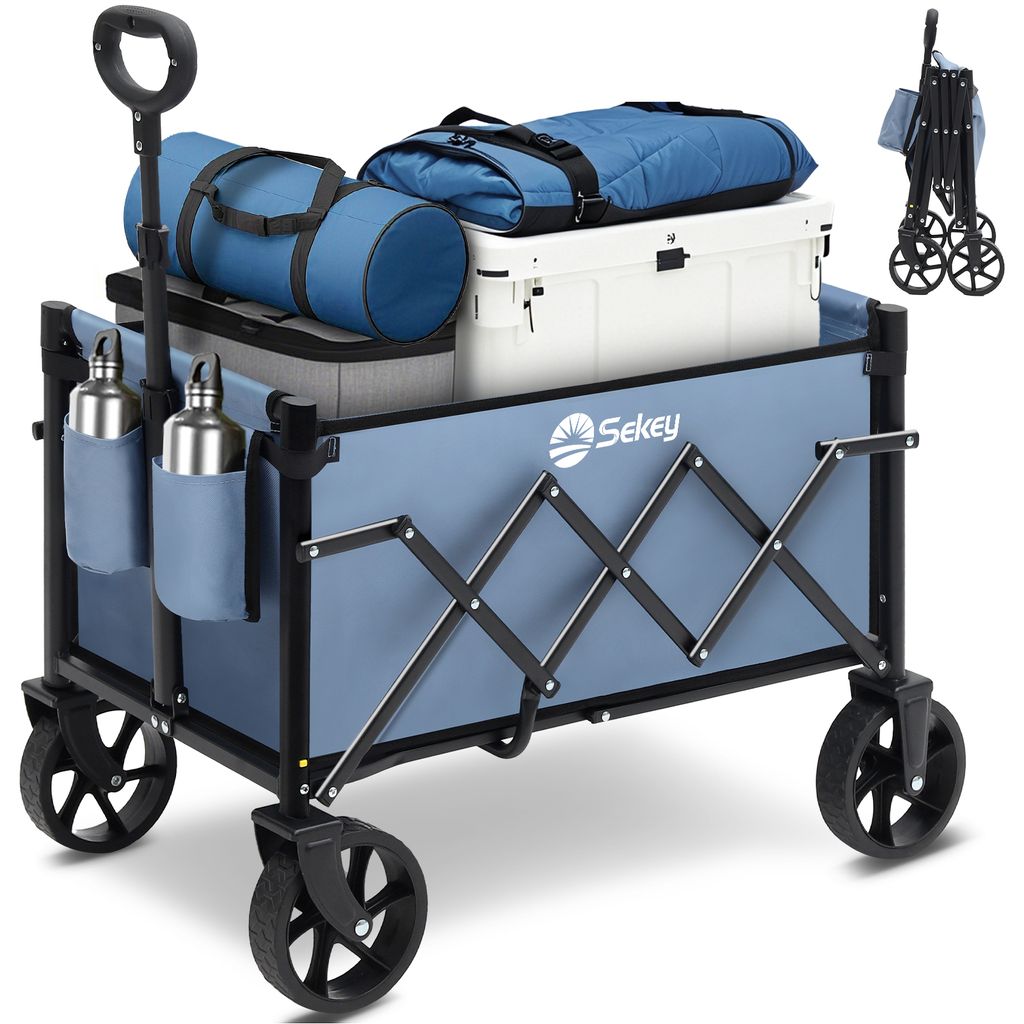A blue folding wagon filled with camping gear, including bags and a cooler, is shown against a light gray background. A smaller, folded version of the wagon is visible in the upper right corner.