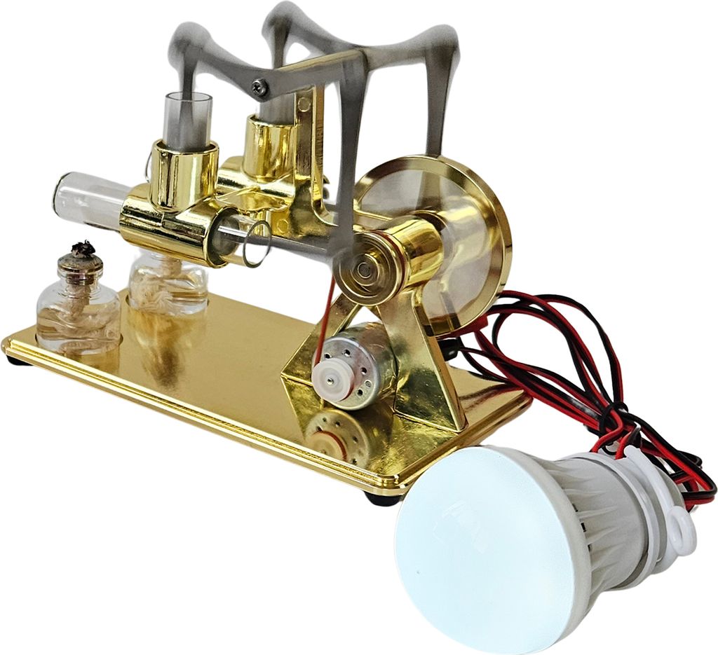 Heissluft-Stirlingmotor, Stromgenerator, Motor, physikalisches Doppelmotormodell mit LED-Gluehbirne, Dollar-Schwungrad-Design, wissenschaftliches E...