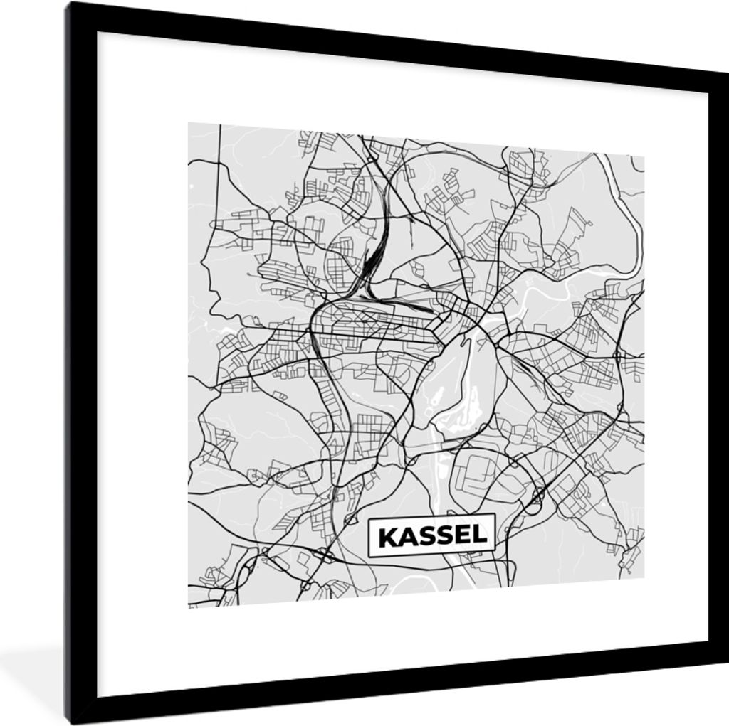 MuchoWow Gerahmtes Poster Karte - Deutschland - Kassel - Karte - Stadtplan 40x40 cm - Poster mit Schwarzem Bilderrahmen Wandposter Rahmen Foto Bi...