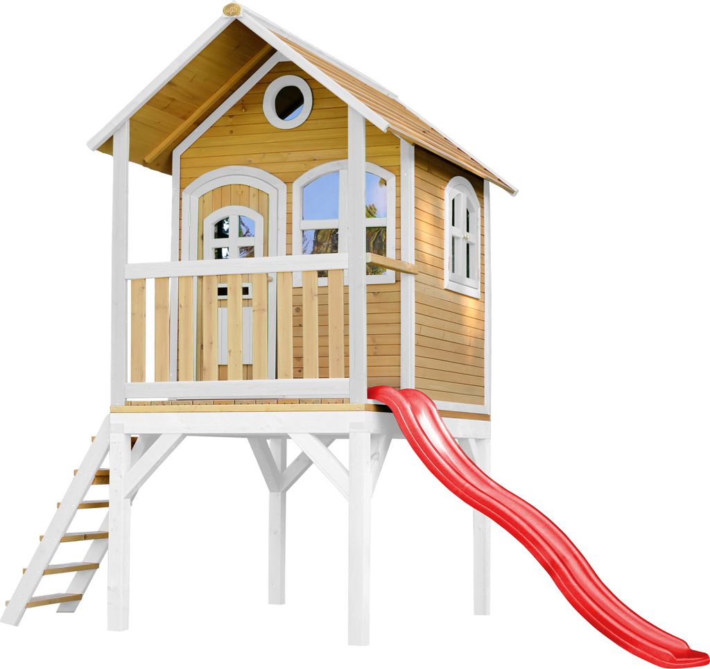 AXI Spielhaus Laura mit rote Rutsche | Stelzenhaus in Braun & Weiß aus Holz für Kinder | Spielturm mit Wellenrutsche für den Garten