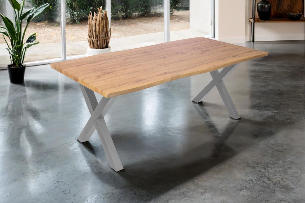 Esstisch Josy | 200 x 100 cm | Holz Wildeiche-Optik | X-Gestell Metall Silber | 40 mm Tischplatte mit Baumkante | Tisch für Esszimmer & Küche