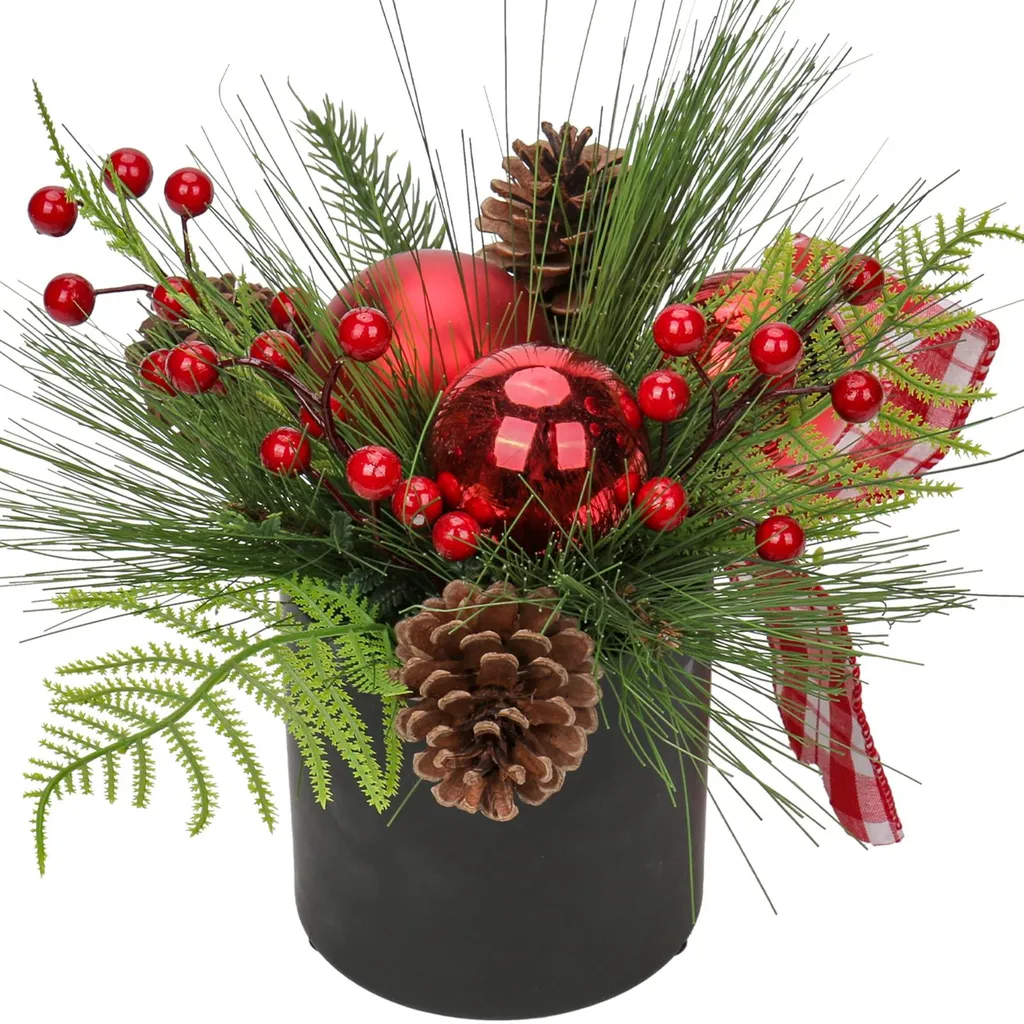 Centre de table de Noël artificiel en céramique avec pommes de pin et houx