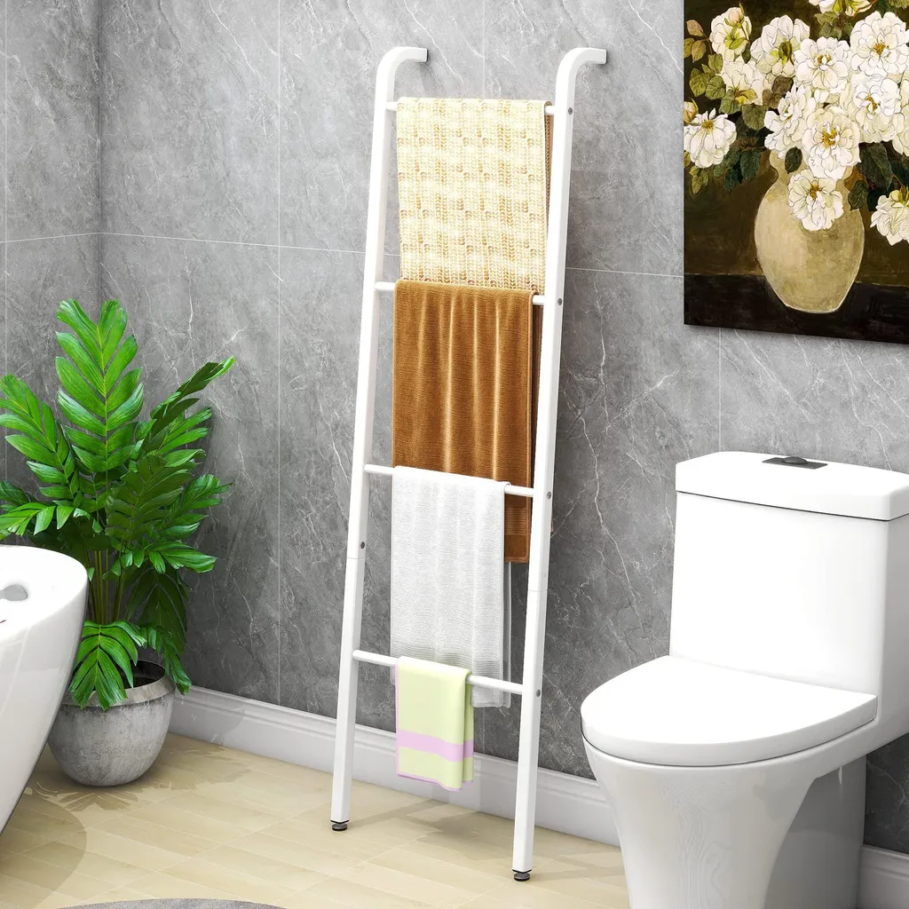 Porte-serviettes sur pied blanc à 4 échelons pour salle de bains moderne