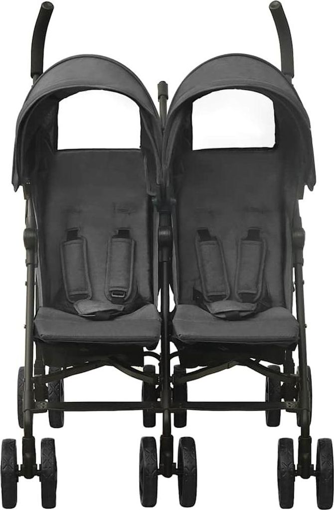 A front view of a twin stroller.