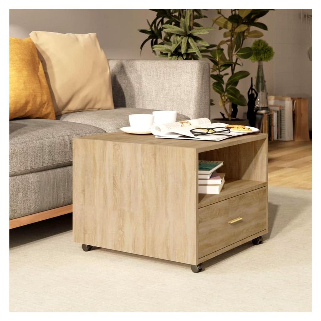 Couchtisch Sonoma-Eiche 55x55x40 cm, Holzwerkstoff, mit Rollen und Stauraum, Beistelltisch für das Wohnzimmer