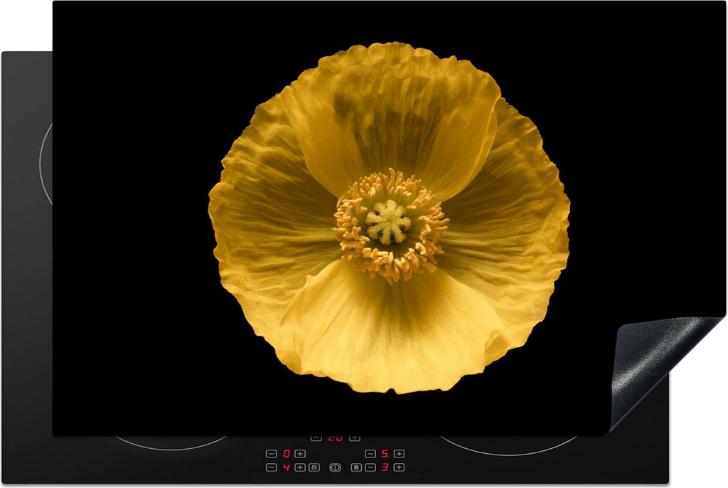 KitchenYeah Herdabdeckplatte Blumen - Mohn - Gelb , 81x52cm, Küche Deko, Glaskeramikfeld Herdabdeckung, Abdeckplatte fùr Kochfeld