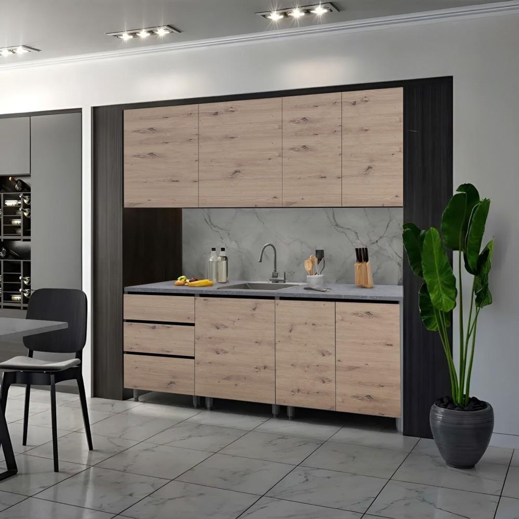 A modern kitchen scene with a modular kitchen unit.