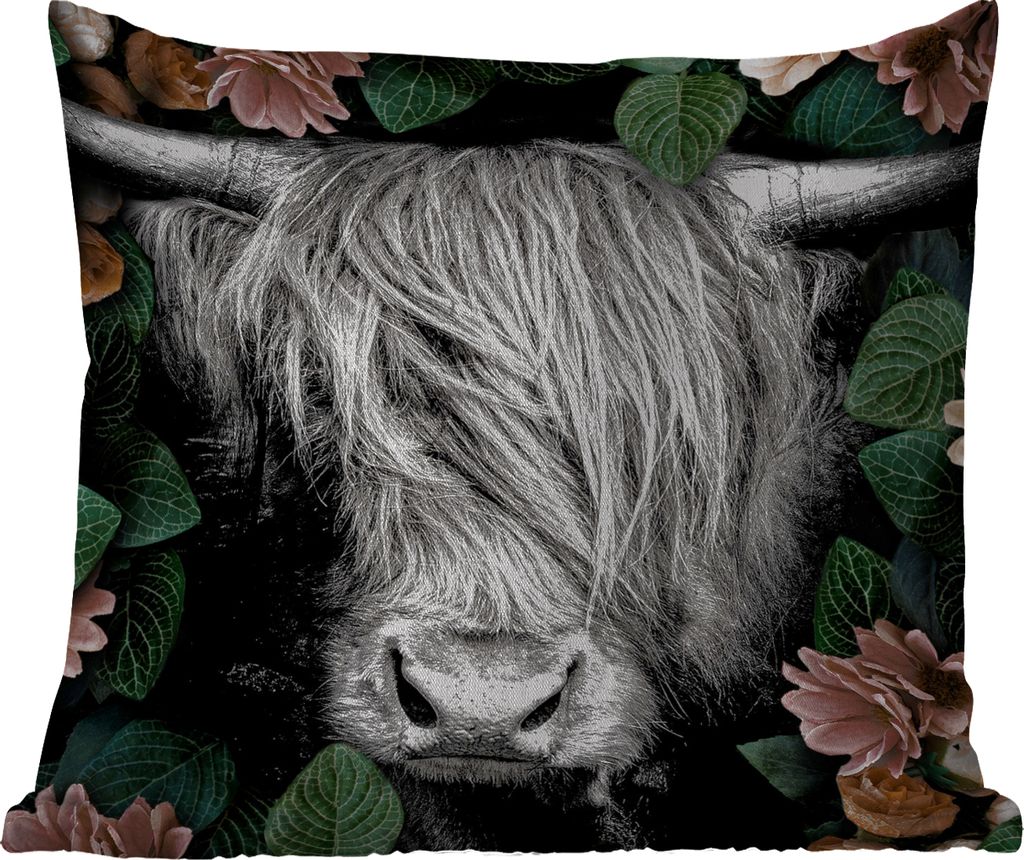 MuchoWow Outdoor Kissen - Schottisches Hochlandrind - Blumen - Schwarz - Weiß - 50x50 cm - Wetterfest - Lounge Kissen - Komfortabel - Kissen mit...
