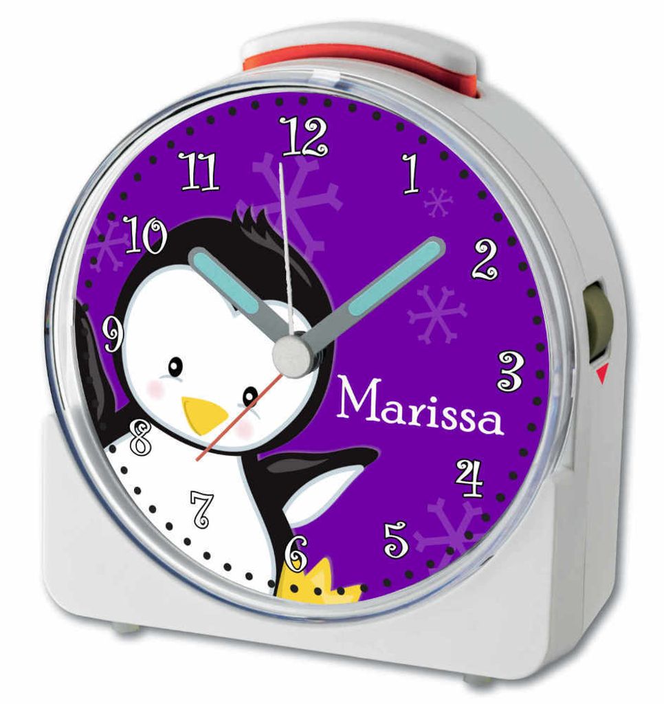 Kinder Wecker Motiv Pinguin Lila Kinderwecker weiß Produktbild 