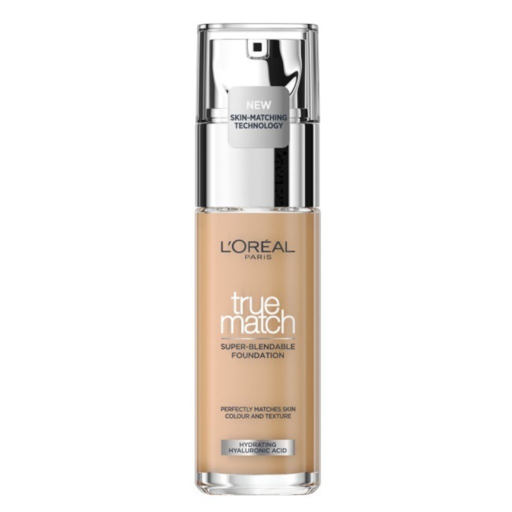 A studio shot of a L'Oréal Paris True Match foundation bottle against a white background.