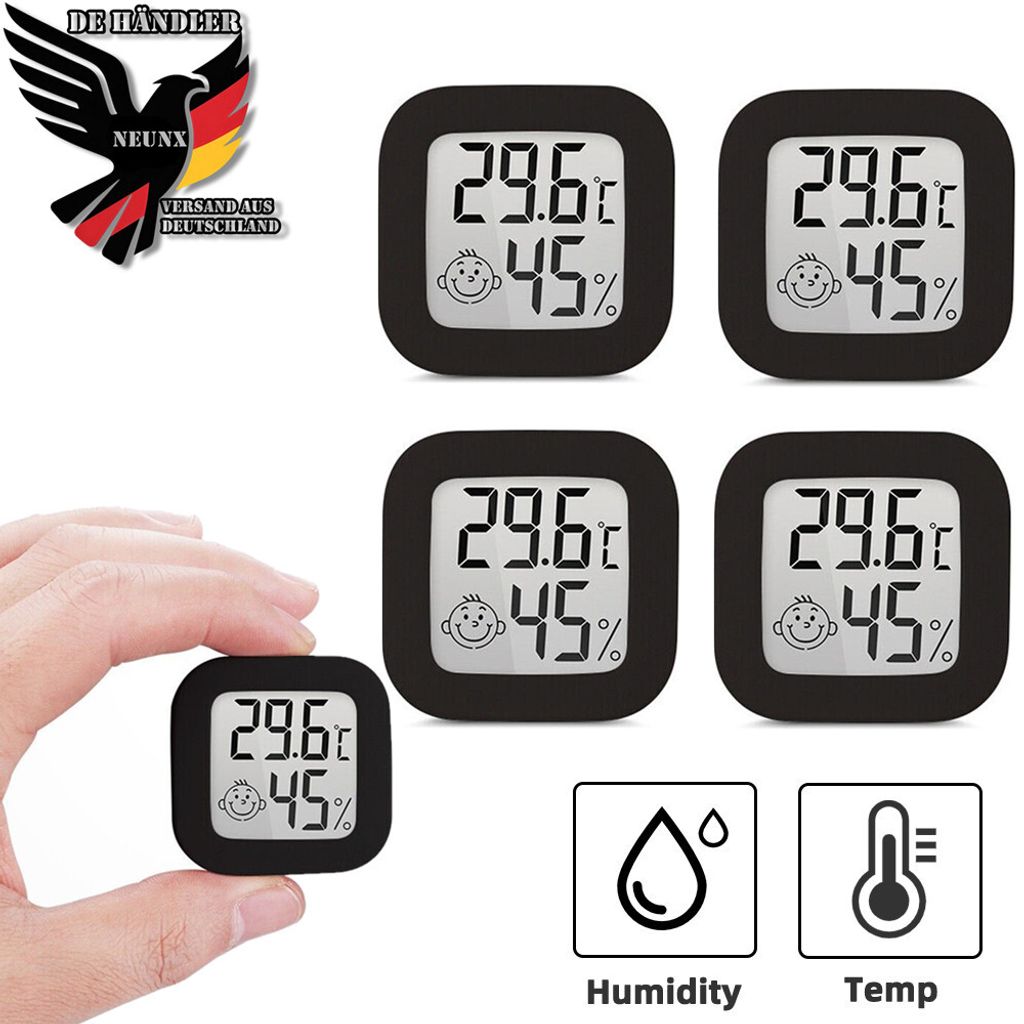 A collage of small digital thermometers and a logo, with a hand holding one of the thermometers.