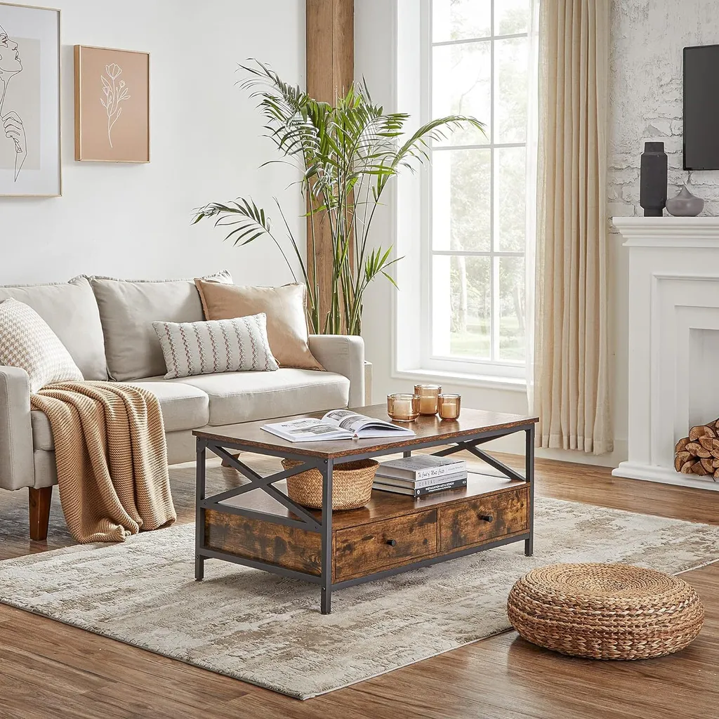 Table Basse avec Tréteaux en X et Double Tiroir de Rangement 100cm - 8