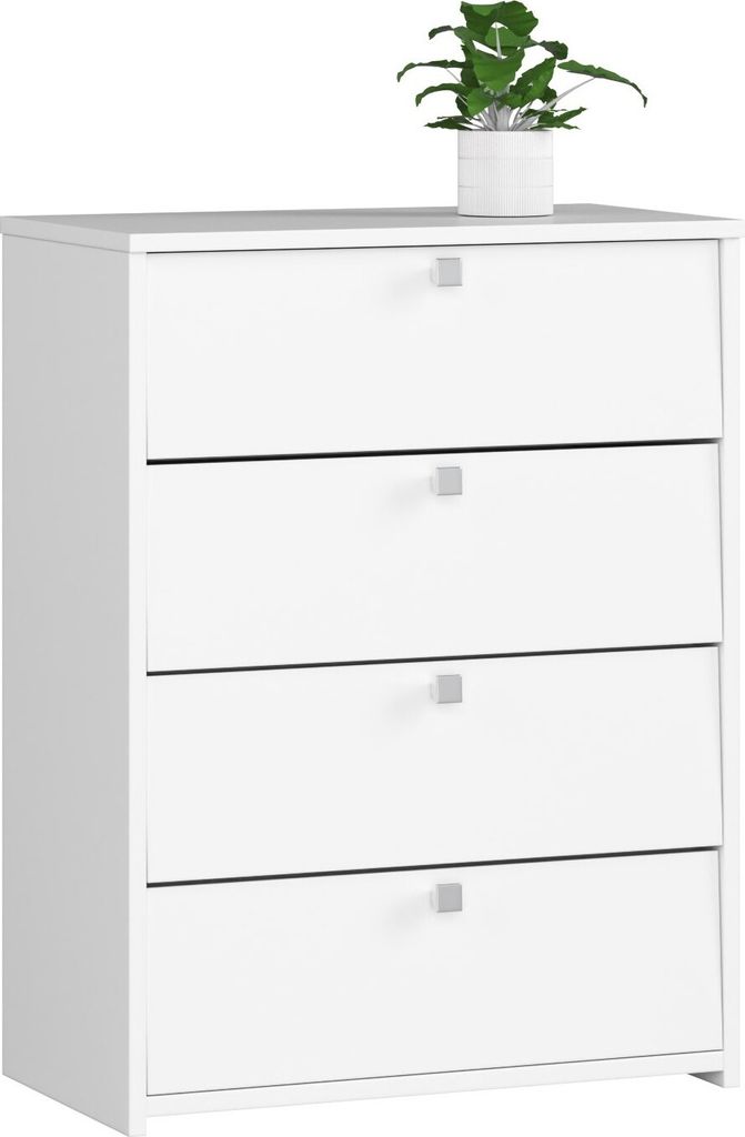 A white four-drawer dresser with a small potted plant on top.