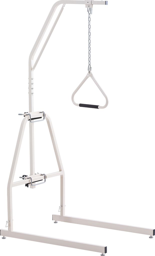 A white patient lift with a triangular handle suspended by a chain.