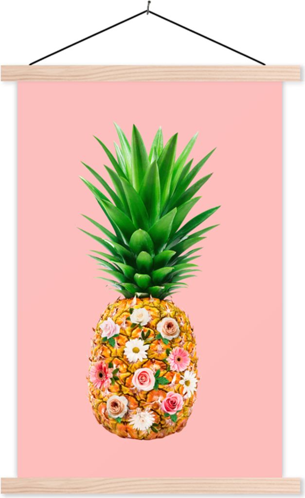 MuchoWow Textilposter Stilleben - Ananas - Blumen 60x90 cm mit holzfarbenen Rahmen - Textil