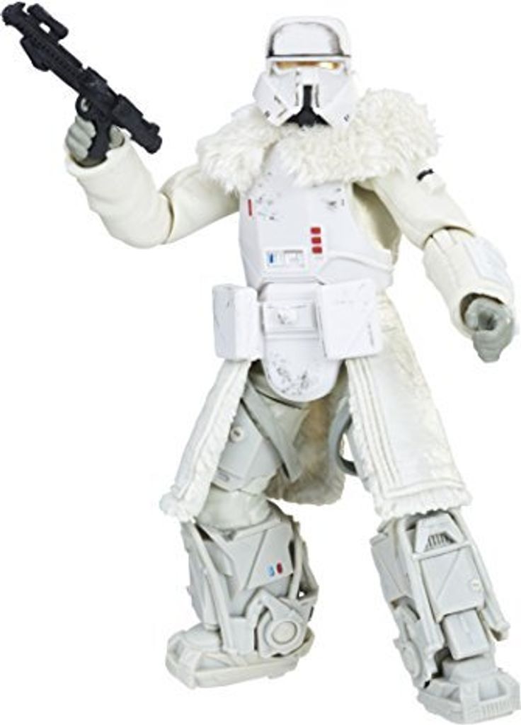 A Star Wars Range Trooper action figure is shown in a dynamic pose, holding a blaster rifle.