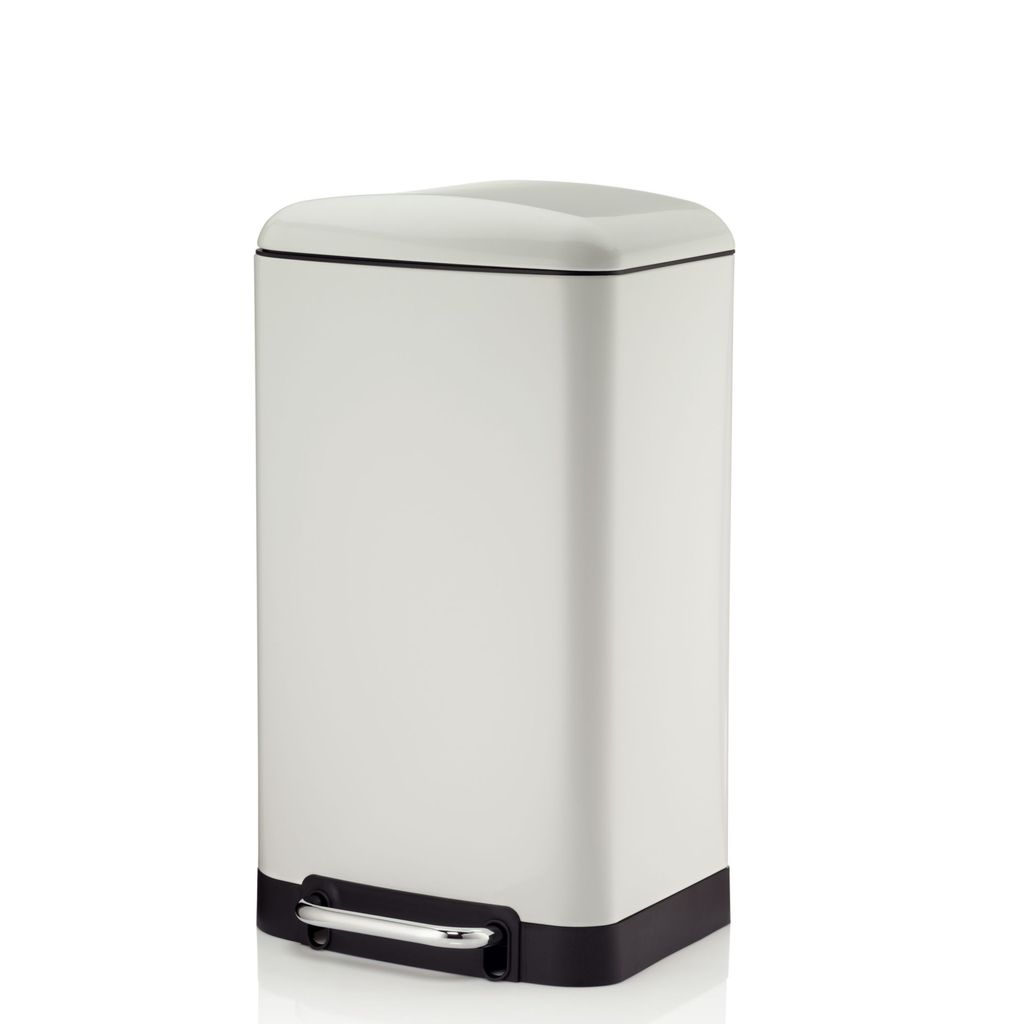 A white pedal trash can with a black base and pedal, isolated on a white background.