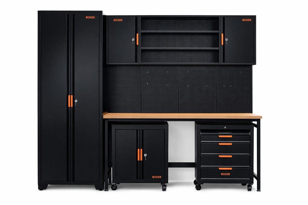 Boxer Werkstattmöbel Set aus Stahl und Holz – inklusive Werkbank, Hochschrank, Oberschrank, Rollschränke und Werkzeugwände – höhenverstel...
