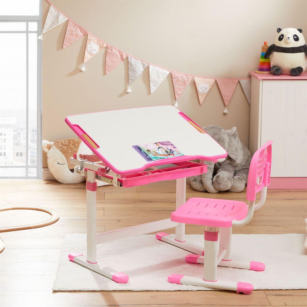 Kinderschreibtisch mit Stuhl TUTTO in weiß/rosa höhenverstellbar und neigbar mit Schublade und Stifterinne, Schreibtisch höhenverstellbar für K...