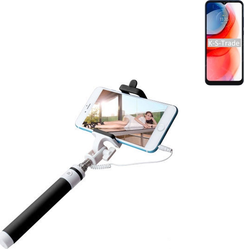 K-S-Trade Selfie Stick kompatibel mit Motorola Moto G Play (2021) Selfiestick kabelgebunden Monopod mit Kabel Stab Stange Selfportrait Handheldstick