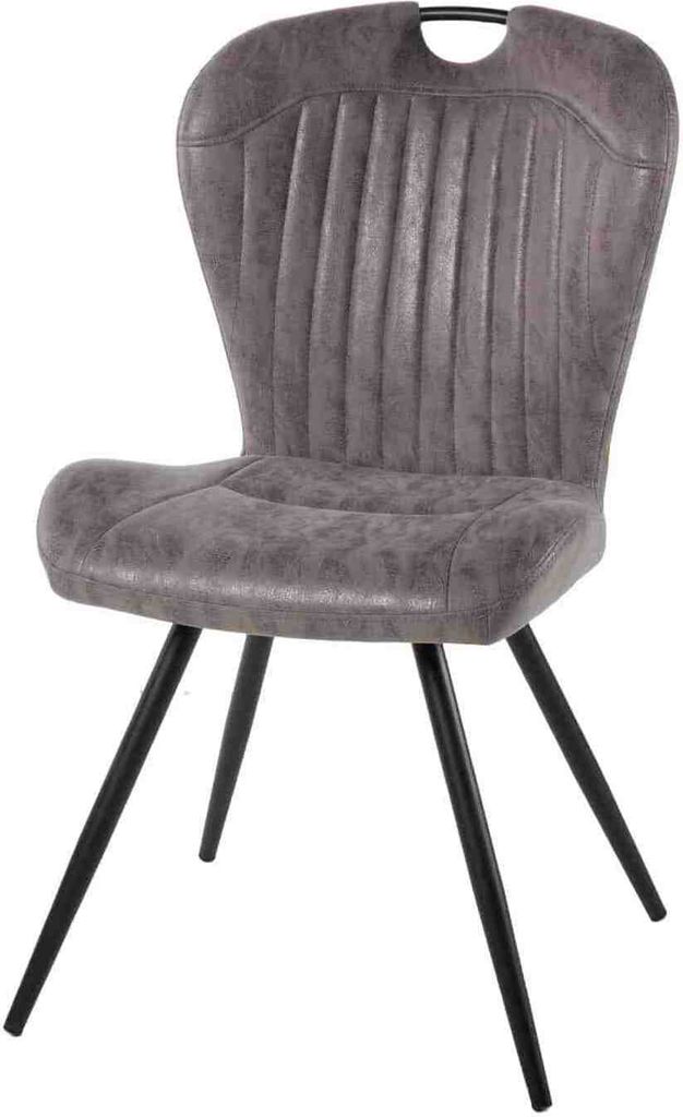 A gray upholstered dining chair with black legs is shown against a white background.