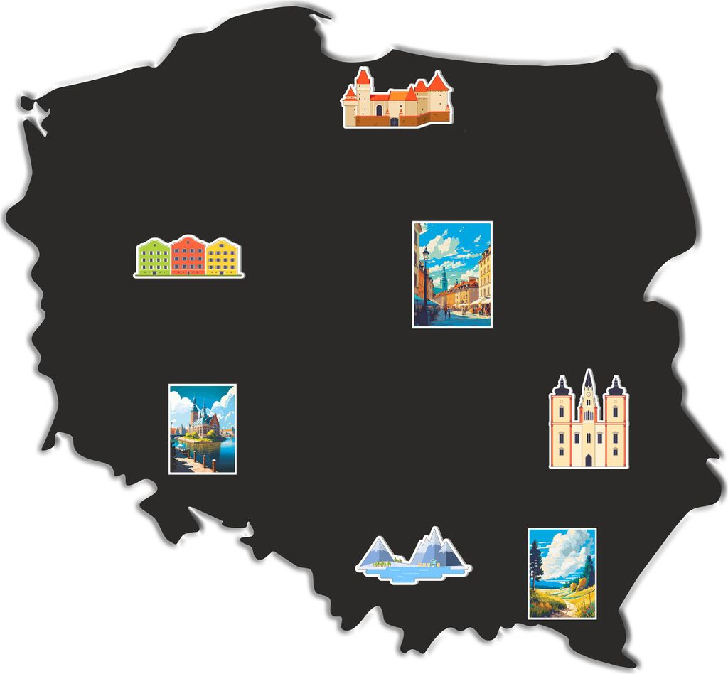 A map of Poland with several small illustrative images of landmarks and scenes placed on it.