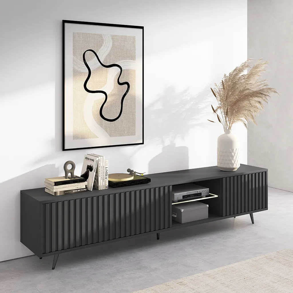 Meuble TV 175 cm Bello Noir avec Pieds Élancés - Style Scandinave Chic
