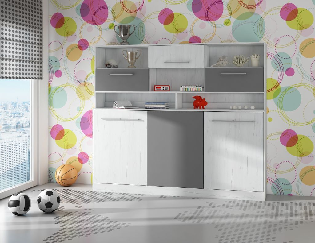 Wandbett Horizontal Schrankbett ROGER 90x200 cm Wandklappbett, Schrankklappbett, Schrank mit integriertem Klappbett, Funktionsbett CRAFT WEIß / GR...