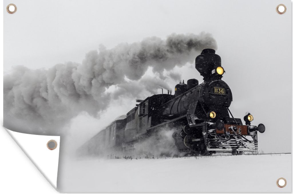 MuchoWow 60x40 cm Outdoor-Poster Gartendeko Sichtschutz Garten Poster für den Garten Dampflokomotive im Schnee - liegend