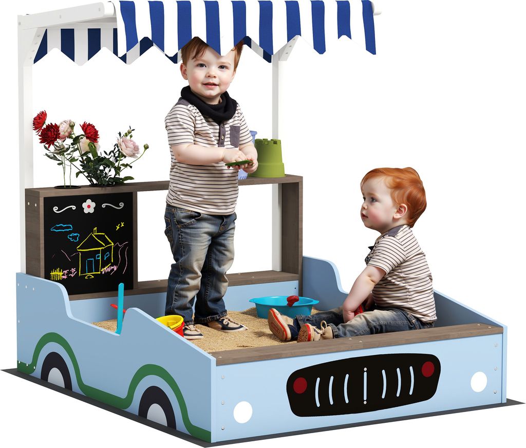 AIYAPLAY Sandkasten mit Dach, 90 x 108 cm Sandkiste aus Holz Sandbox mit Sitzbank, Zeichentafel, Pflanzkästen, Einkaufsladen-Design für 2 Kinder ...