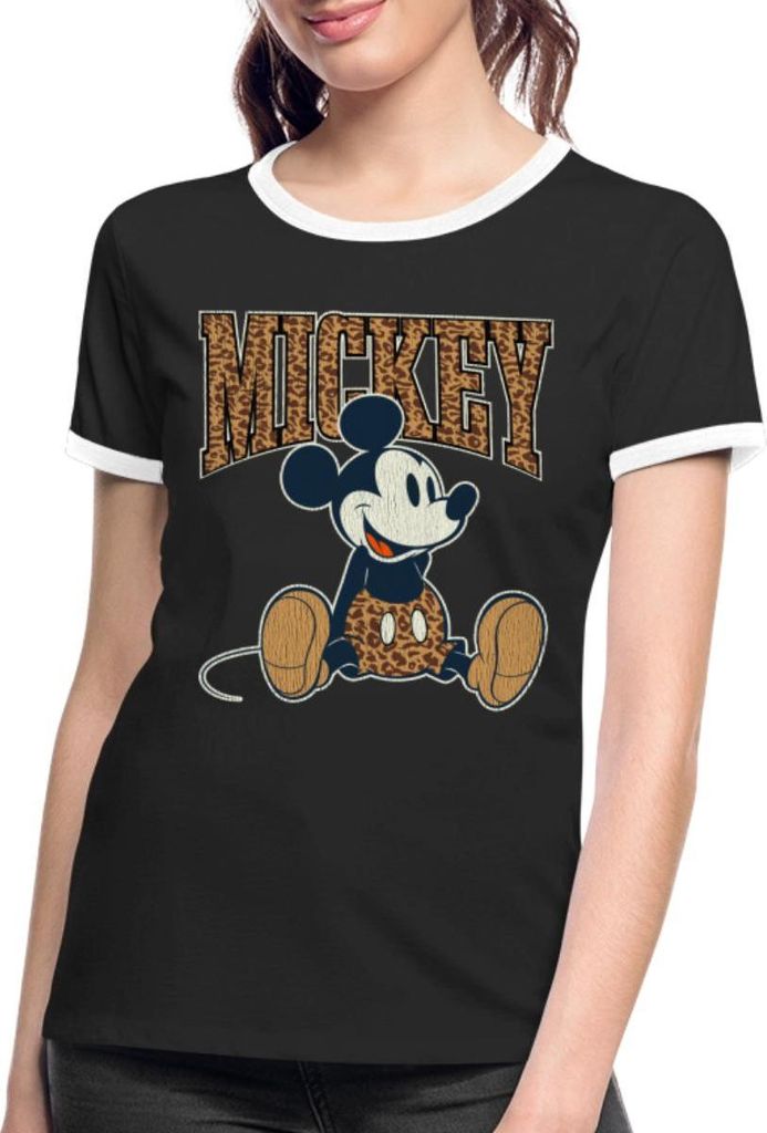 Mickey & Minnie Mickey Mouse Leo Look Frauen Kontrast T-Shirt, M, Schwarz/Weiß