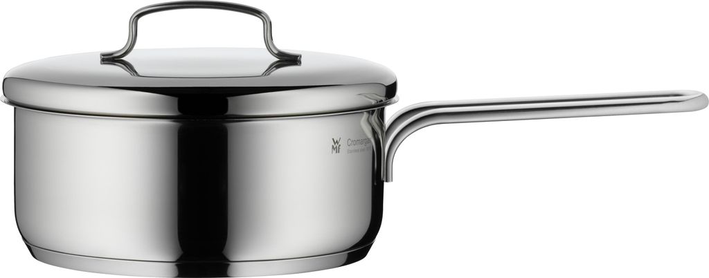 A stainless steel saucepan with a lid and a single handle, shown against a white background.