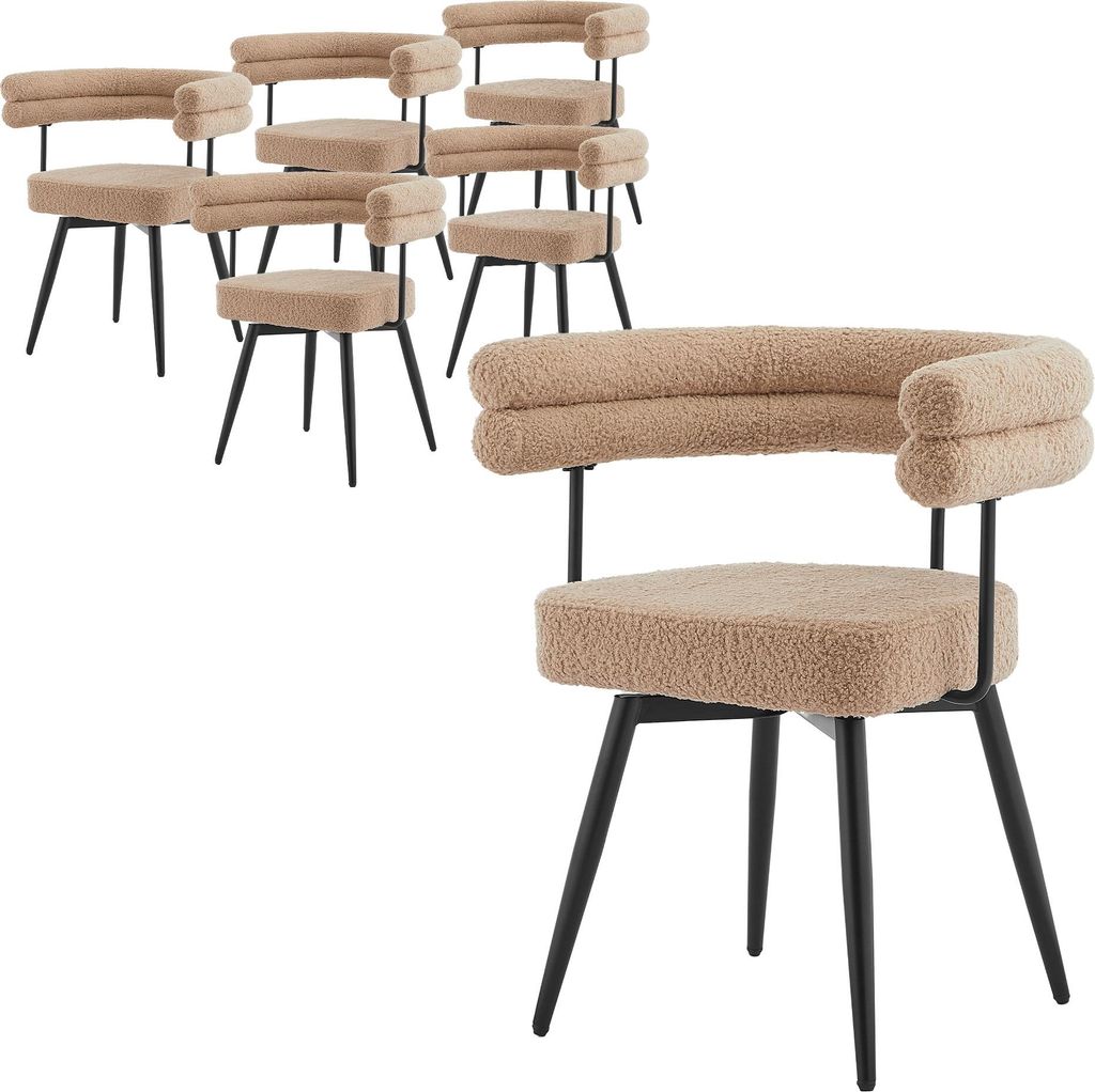 ML-Design Esszimmerstühle drehbar 6er Set in Braun Teddy-Stoff ergonomisch Wohnzimmerstuhl mit Arm- und Rückenlehnen 360° Drehstuhl mit Metallbe...