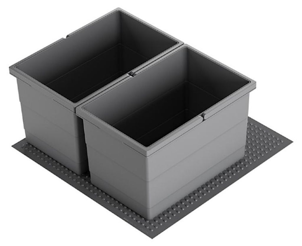 Two dark gray trash bins are placed side-by-side on a textured dark gray mat.