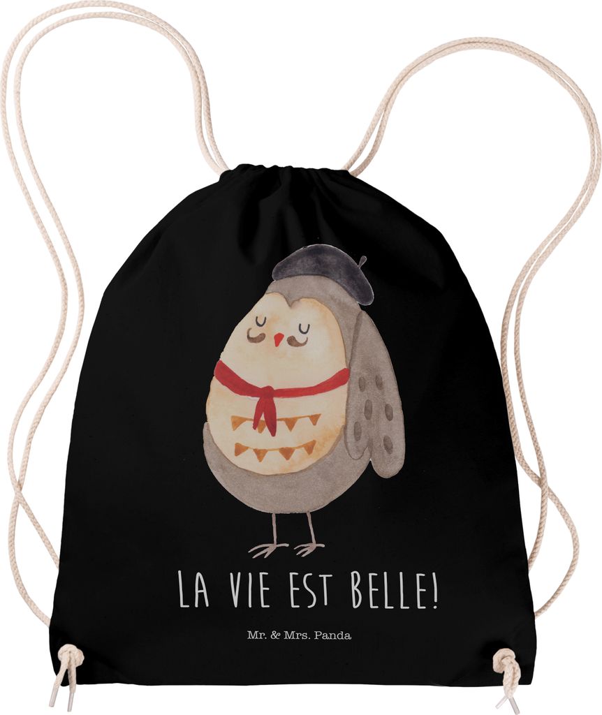Mr. & Mrs. Panda Turnbeutel Eule Frankreich - Schwarz - Geschenk, gymnastiktasche, Baumwolltasche, Jutebeutel, La Vie Est Belle, wander rucksack, S...