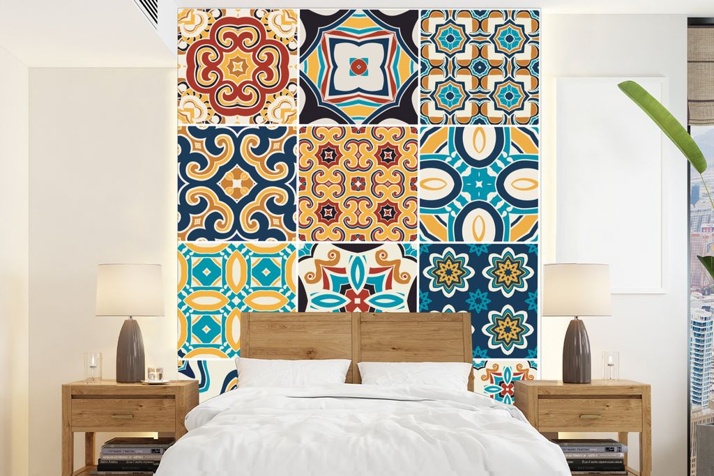 MuchoWow Fototapete für Wohnzimmer oder Schlafzimmer Wandtapete Vinyl Motivtapete Blumen - Vintage - Muster - Blau - Orange - 165x220 cm - Wandd...