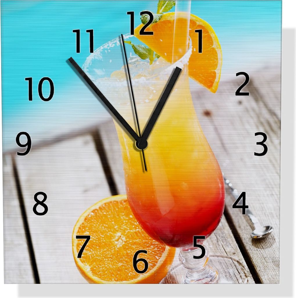 Wallario Design Wanduhr Bunter Cocktail am Pool aus Aluverbund, Größe 30 x 30 cm