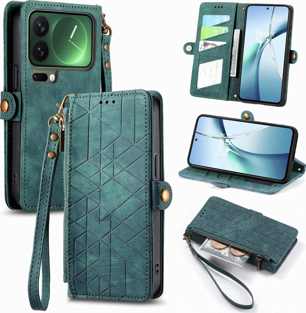 Für Xiaomi 17 Pro Geometric Kunstleder Zipper Book Wallet Hülle Tasche Grün