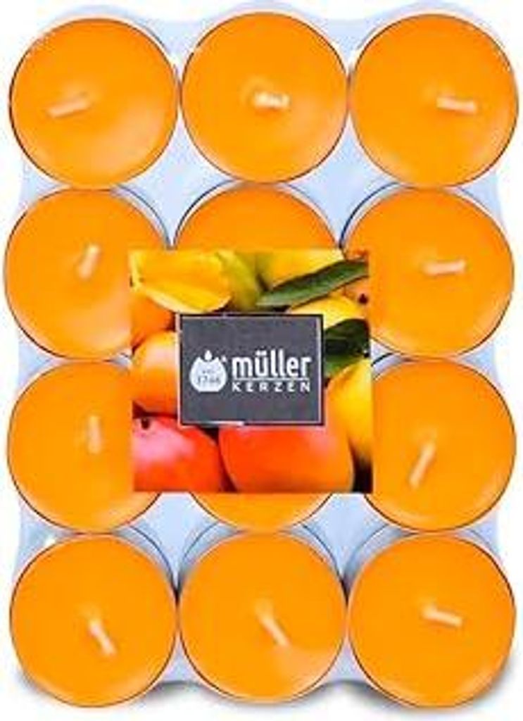 Müller 24 Duft Teelichter – Zitrusfrüchte – 4 Stunden Brenndauer – Ø39 mm – Farbe Orange – Premium Exotic Fruits Duftkerzen – Gegoss...