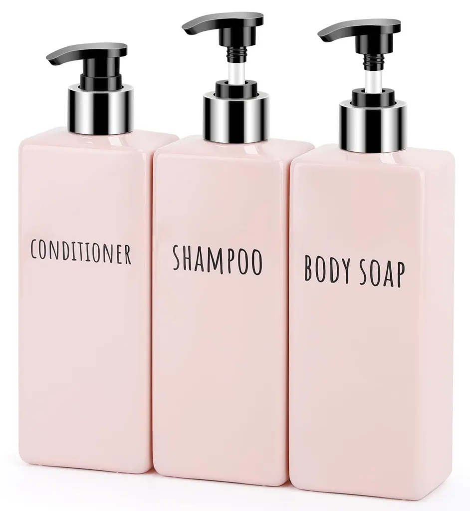 Distributeur Savon Plastique avec Étiquettes - Set de 3 Flacons Rose