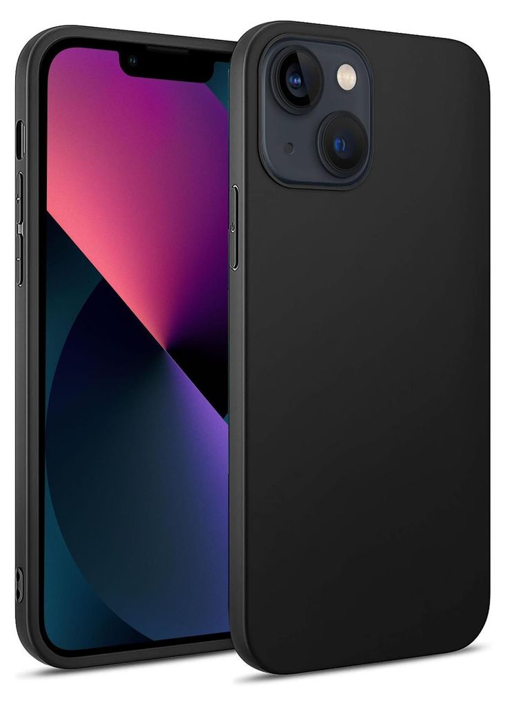 A black silicone case for an iPhone 13 Mini is shown.